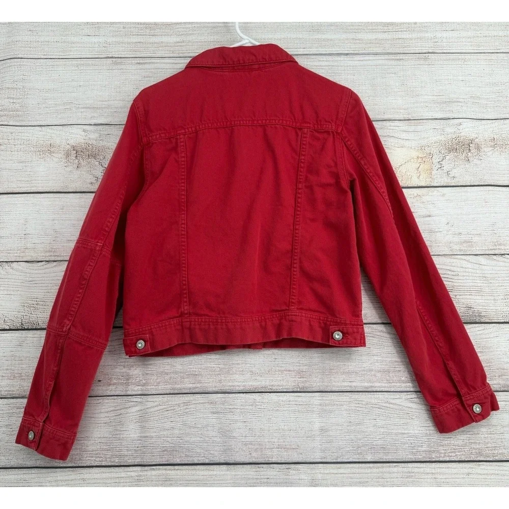Free People Denim Jacket Women Medium Red Trucker Cotton Button Up - Picture 2 of 10